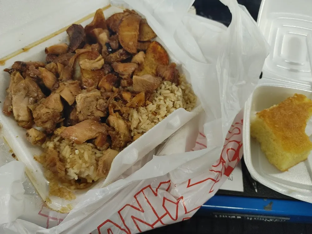 Bourbon Chicken and Spicy Rice Cajun Spuds and Cornbread
