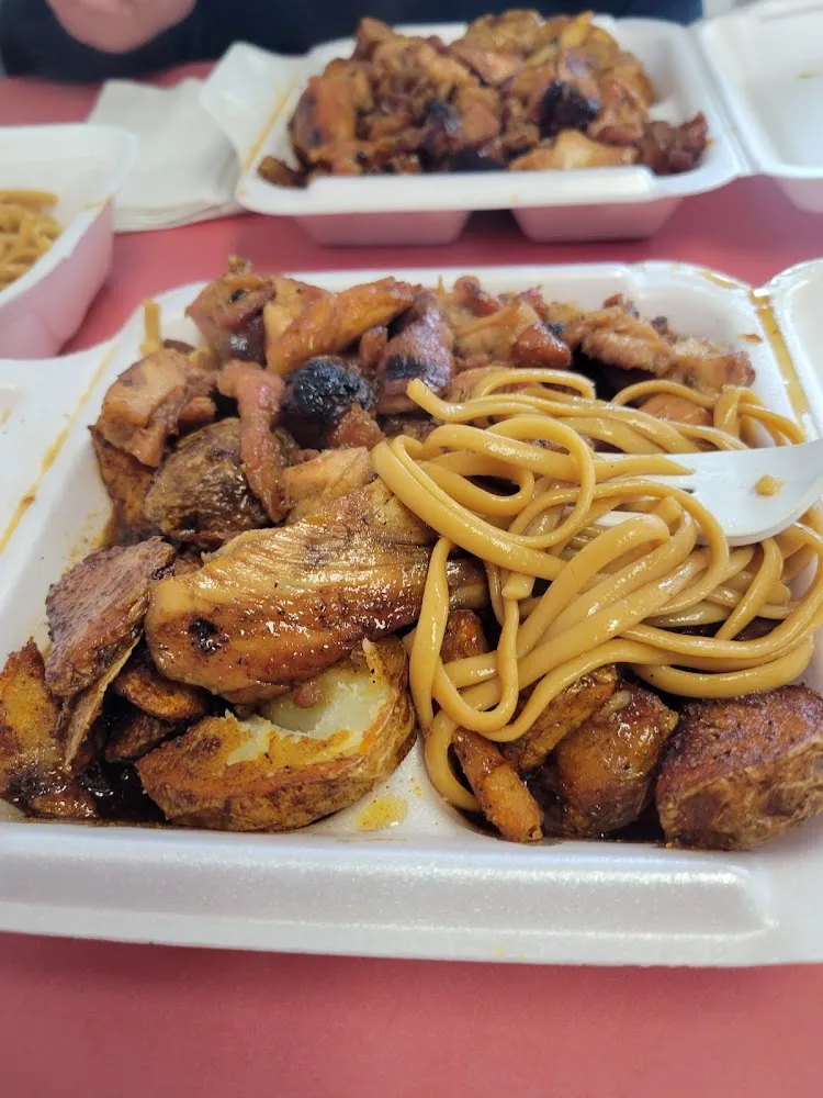 Bourbon Chicken and Spuds with Lo Mein
