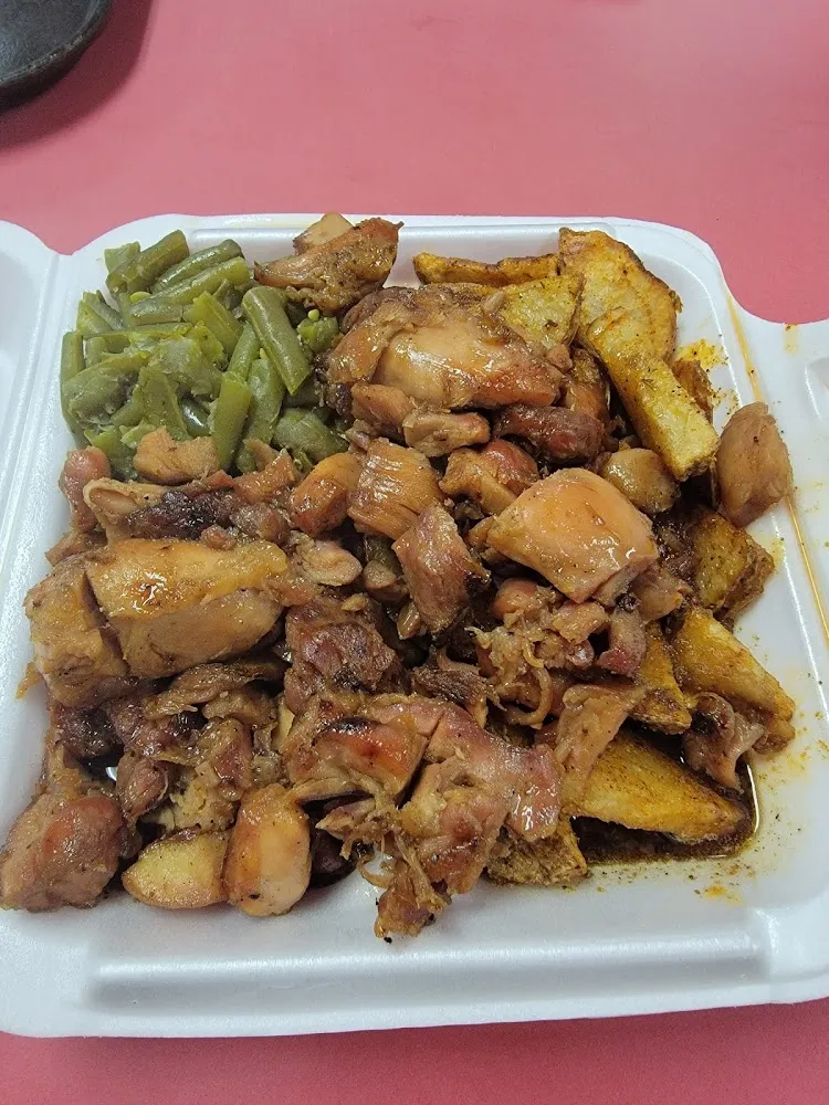Large Bourbon Chicken with Green Beans and Cajun Potatoes